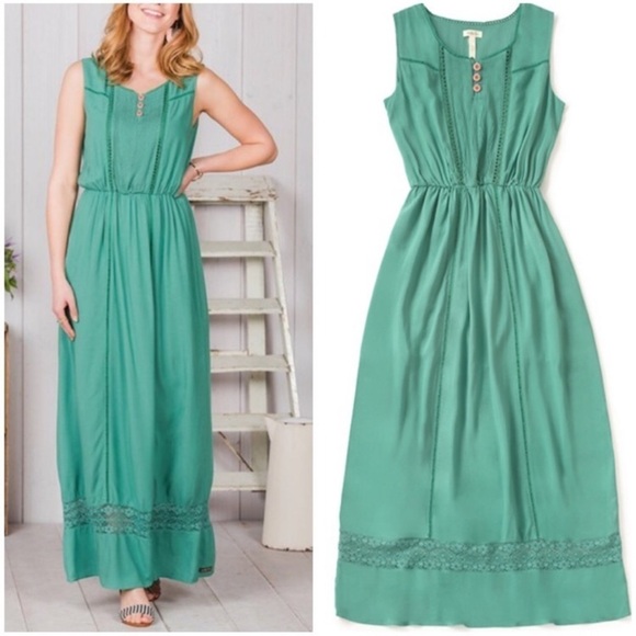 Matilda Jane Down In The Valley Maxi Dress Green Lace Trim Sleeveless Women Sz L - Picture 1 of 12